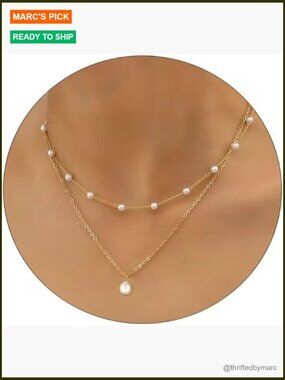 Layered Pearl Herringbone Chain Necklace 14K Gold Plated